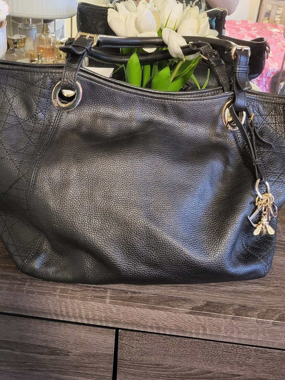 Vintage Big Dior Black Leather Shoulder Tote with Gold Hardware